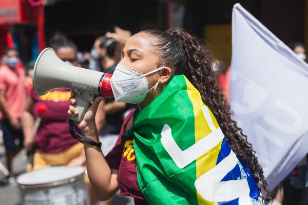 Salvador Bahia Brazil October 2021 Protester Carries Flag Demonstration President — Stock Fotó