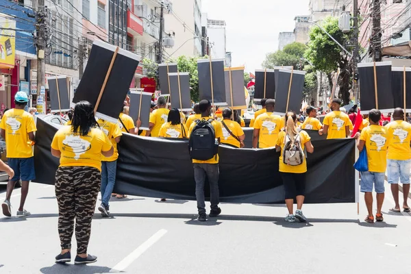 Salvador Bahia Brasil Outubro 2021 Protestante Carrega Cartaz Durante Manifestação — Fotografia de Stock