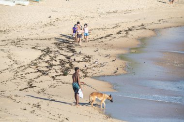 Salvador, Bahia, Brezilya - 01 Kasım 2021: Genç adam köpekle birlikte Salvador, Bahia 'daki Rio Vermelho plajında yürüyor.