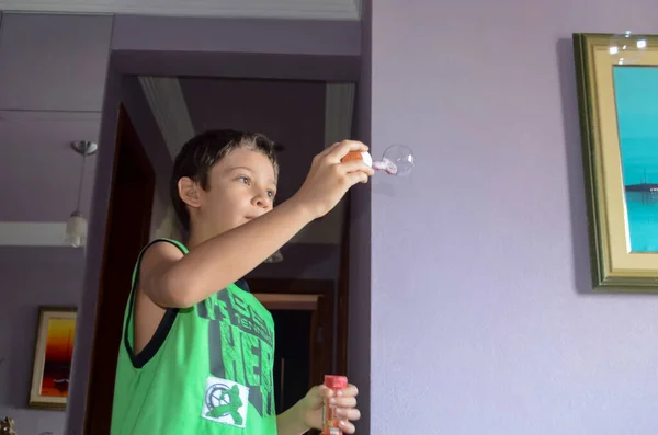 Portrait Child Blowing Soap Bubbles Salvador Bahia Brazil — Photo