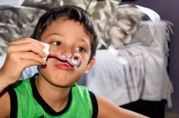 Portrait Child Blowing Soap Bubbles Salvador Bahia Brazil — Foto Stock