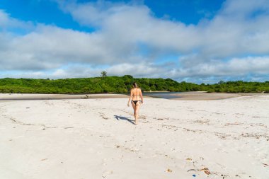 Young beautiful woman walking on the beach sand towards the trees and the mangrove. Praia do Guaibim, coast of the sea of Bahia, Brazil