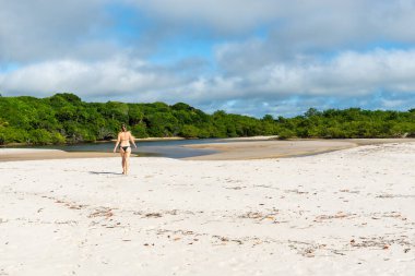 Genç ve güzel bir kadın kumsalda ağaçlara ve mangrove ağaçlarına doğru yürüyor. Praia do Guaibim, Brezilya Bahia Denizi kıyısında.