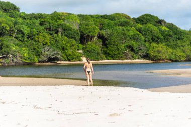 Genç ve güzel bir kadın kumsalda ağaçlara ve mangrove ağaçlarına doğru yürüyor. Praia do Guaibim, Brezilya Bahia Denizi kıyısında.