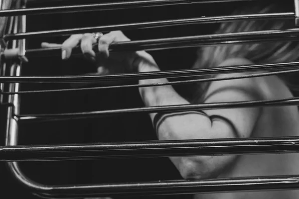 Portrait Woman Stainless Steel Grille Black Background Artistic Nude — Foto Stock