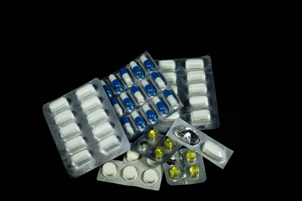 Pill Pack Various Diseases Black Background — стоковое фото