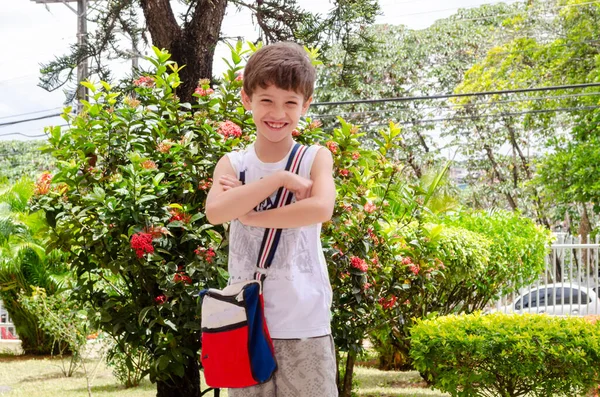 Portrait Cheerful Boy Counts Trees Background Concept Joy Fun — Stockfoto