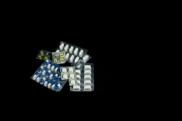 Pill Pack Various Diseases Black Background — Fotografia de Stock