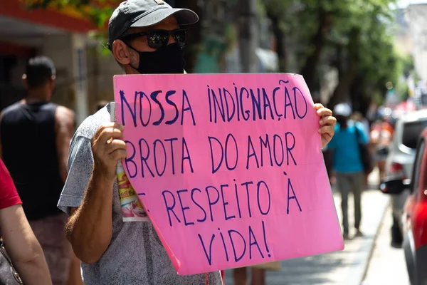 Salvador Bahia Brazil October 2021 Protester Carries Poster Demonstration President — Fotografia de Stock