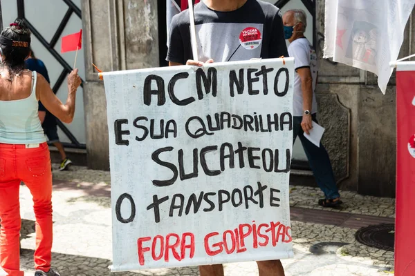 Salvador Bahia Brazil October 2021 Protester Carries Poster Demonstration President — Zdjęcie stockowe