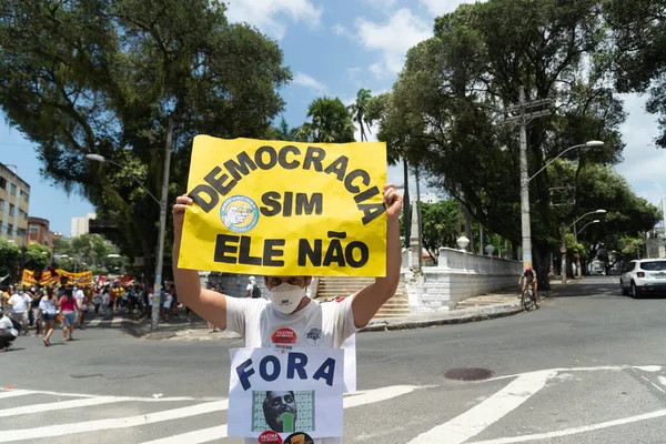 Salvador Bahia Brazil October 2021 Protester Carries Poster Demonstration President — 스톡 사진