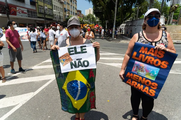 Salvador Bahia Brazil October 2021 Protester Carries Poster Demonstration President — Φωτογραφία Αρχείου