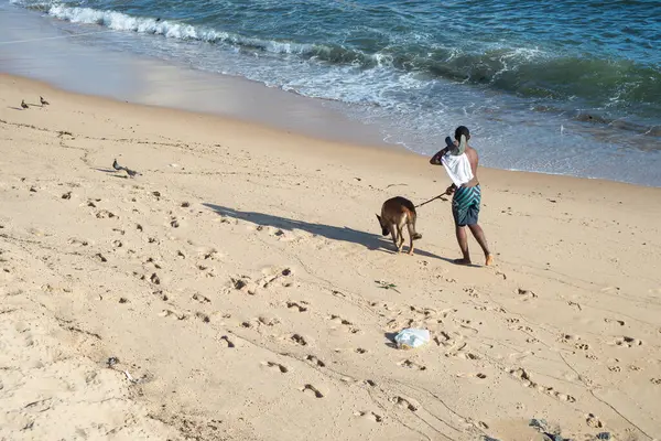 Salvador Bahia Brazil November 2021 Young Man Walks Dog Sands — Stockfoto