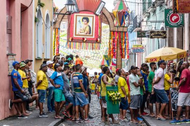 Salvador, Bahia, Brazil - June 22, 2018: Fans of Brazil are seen in Pelourinho before the game between Brazil vs Costa Rica for the 2018 Soccer World Cup in Russia.