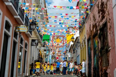 Salvador, Bahia, Brazil - June 22, 2018: Fans of Brazil are seen in Pelourinho before the game between Brazil vs Costa Rica for the 2018 Soccer World Cup in Russia.