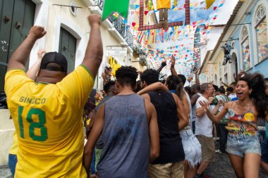 Salvador, Bahia, Brazil - June 22, 2018: Brazil fans celebrate the goal in the game between Brazil vs Costa Rica for the 2018 World Cup in Russia.