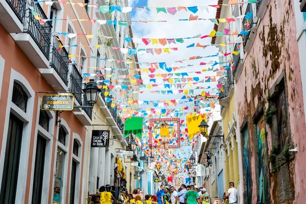 Salvador, Bahia, Brazil - June 22, 2018: Fans of Brazil are seen in Pelourinho before the game between Brazil vs Costa Rica for the 2018 Soccer World Cup in Russia.