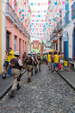 Salvador, Bahia, Brazil - June 22, 2018: Fans of Brazil are seen in Pelourinho before the game between Brazil vs Costa Rica for the 2018 Soccer World Cup in Russia.