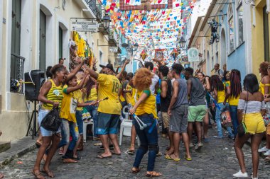 Salvador, Bahia, Brazil - June 22, 2018: Brazil fans celebrate the goal in the game between Brazil vs Costa Rica for the 2018 World Cup in Russia.