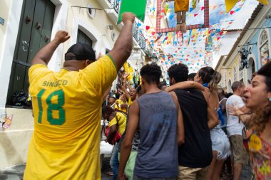 Salvador, Bahia, Brazil - June 22, 2018: Brazil fans celebrate the goal in the game between Brazil vs Costa Rica for the 2018 World Cup in Russia.