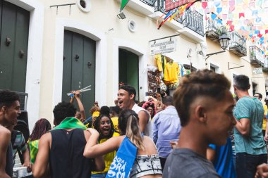 Salvador, Bahia, Brazil - June 22, 2018: Brazil fans celebrate the goal in the game between Brazil vs Costa Rica for the 2018 World Cup in Russia.