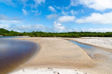 River sand landscape against blue sky in the background. Guaibim beach in the city of Valenca, Bahia, Brazil.