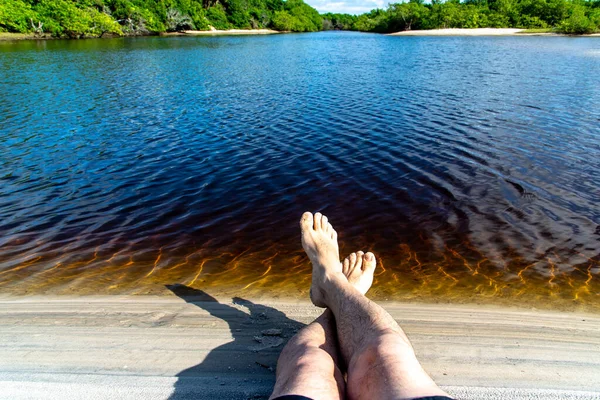 Legs Man River Reddish Water Background Guaibim Beach City Valenca — Stok fotoğraf