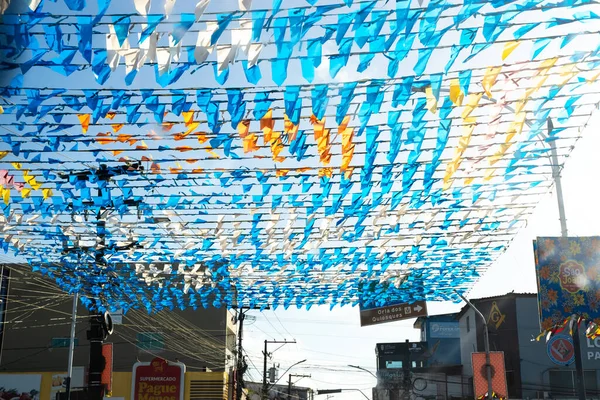 Valenca, Bahia, Brazil - June 23, 2022: Decoration of Sao Joao with flags in the city of Valenca, Bahia.