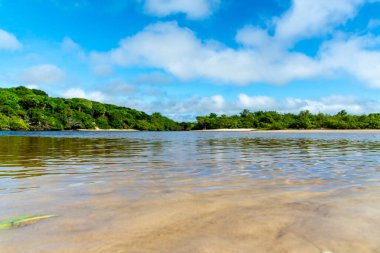 River sand landscape against blue sky in the background. Guaibim beach in the city of Valenca, Bahia, Brazil.