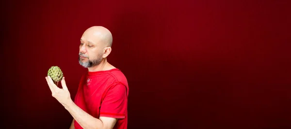 Young handsome man with beard, bald head and red shirt standing holding pinecone fruit against red background. Positive and healthy person.