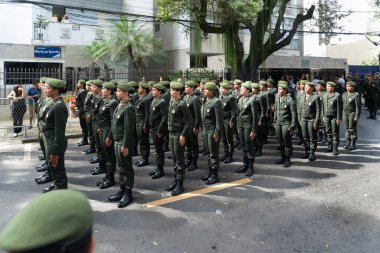 Salvador, Bahia, Brazil - September 07, 2022: Women Soldiers of the Brazilian army parading on Brazilian independence day through the streets of downtown Salvador, Bahia.