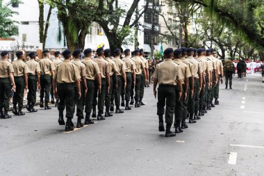 Salvador, Bahia, Brazil - September 07, 2022: Soldiers of the Brazilian army parading on independence day through the streets of downtown Salvador, Bahia.