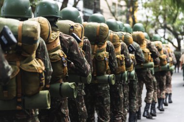 Salvador, Bahia, Brazil - September 07, 2022: Soldiers of the Brazilian army parading on independence day through the streets of downtown Salvador, Bahia.
