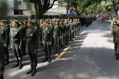 Salvador, Bahia, Brazil - September 07, 2022: Women Soldiers of the Brazilian army parading on Brazilian independence day through the streets of downtown Salvador, Bahia.