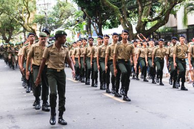 Salvador, Bahia, Brazil - September 07, 2022: Soldiers of the Brazilian army parading on independence day through the streets of downtown Salvador, Bahia.
