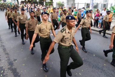 Salvador, Bahia, Brazil - September 07, 2022: Soldiers of the Brazilian army parading on independence day through the streets of downtown Salvador, Bahia.