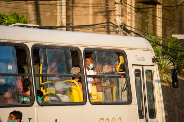 Salvador Bahia Brazil November 2021 People Bus Wearing Protective Mask — стоковое фото