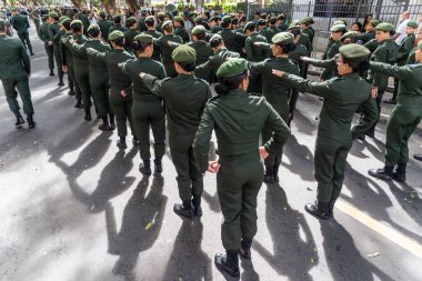 Salvador, Bahia, Brazil - September 07, 2022: Women Soldiers of the Brazilian army parading on Brazilian independence day through the streets of downtown Salvador, Bahia.