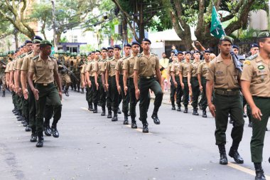 Salvador, Bahia, Brazil - September 07, 2022: Soldiers of the Brazilian army parading on independence day through the streets of downtown Salvador, Bahia.
