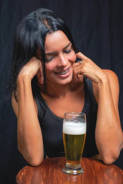 Portrait Young Woman Black Shirt Drinking Beer Glass Cup Black — Fotografia de Stock