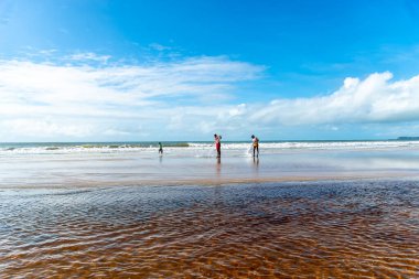 Reddish water of a river against the blue sky. Guaibim beach, coast of the sea of Bahia, Brazil