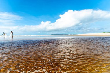 Reddish water of a river against the blue sky. Guaibim beach, coast of the sea of Bahia, Brazil