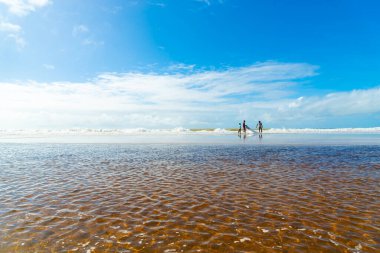 Reddish water of a river against the blue sky. Guaibim beach, coast of the sea of Bahia, Brazil
