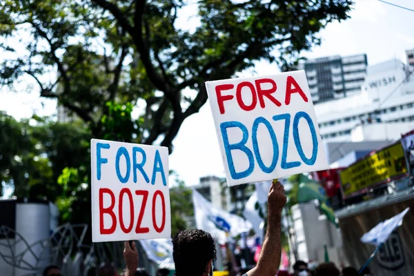 Salvador Bahia Brazília 2021 November Brazil Tüntetők Plakátokat Hordanak Jair — Stock Fotó