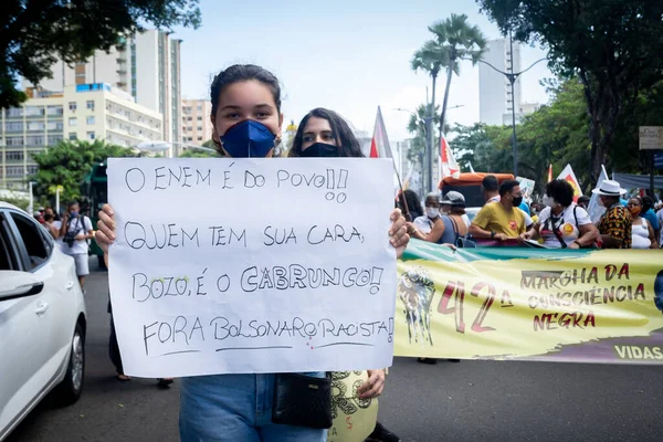 Salvador Bahia Brazília 2021 November Brazil Tüntetők Plakátokat Hordanak Jair — Stock Fotó