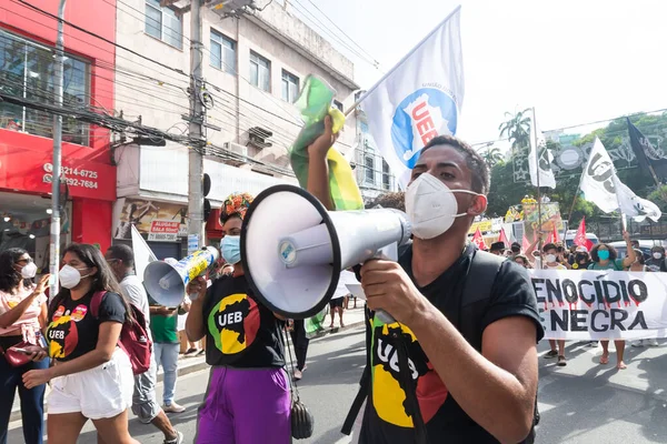 Salvador Bahia Brasil Novembro 2021 Brasileiros Protestam Usando Megafone Contra — Fotografia de Stock