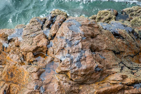 Der Meeresstrand Und Die Felsen Sind Mit Verschmutzt Die Ölpest — Stockfoto