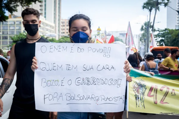 Salvador Bahia Brasil Novembro 2021 Brasileiros Protestam Carregando Cartazes Contra — Fotografia de Stock