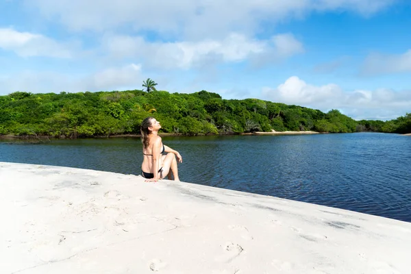 Woman Sitting River Forest Background Guaibim Beach City Valenca Bahia — Stok fotoğraf
