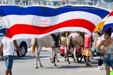 Salvador, Bahia, Brezilya - 1 Nisan 2018: Bahia - Bahia Vitoria maçı için futbol stadyumu önünde güvenlik görevlisi olarak görev yapan askeri polis süvarileri.